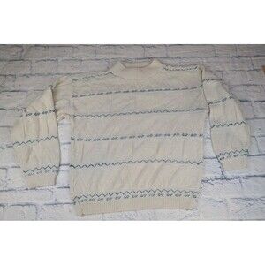 Vintage Woman’s Spunky Pullover Sweater Cream Blue Stripe Geometric Knit Size L